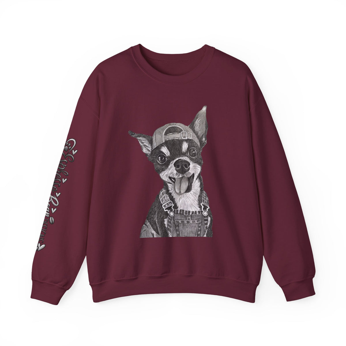 Fang Crewneck Sweatshirt — Retro Pup Graphic with Script Sleeve