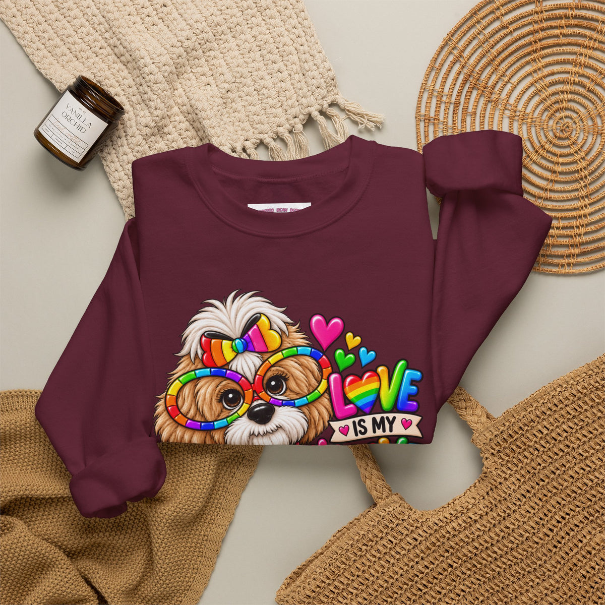 Rainbow Pup Crewneck Sweatshirt — "Love Is My Love Language" Cute Pride Dog Graphic