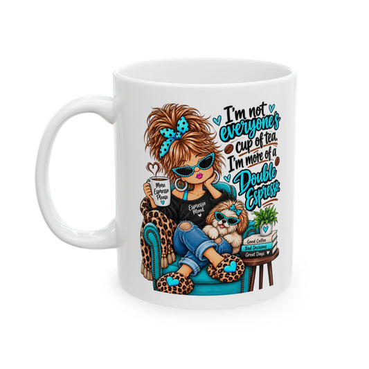 Coffee Mom Ceramic Mug – Funny Life Design with Leopard Chair & Teal Accents (11oz, 15oz)