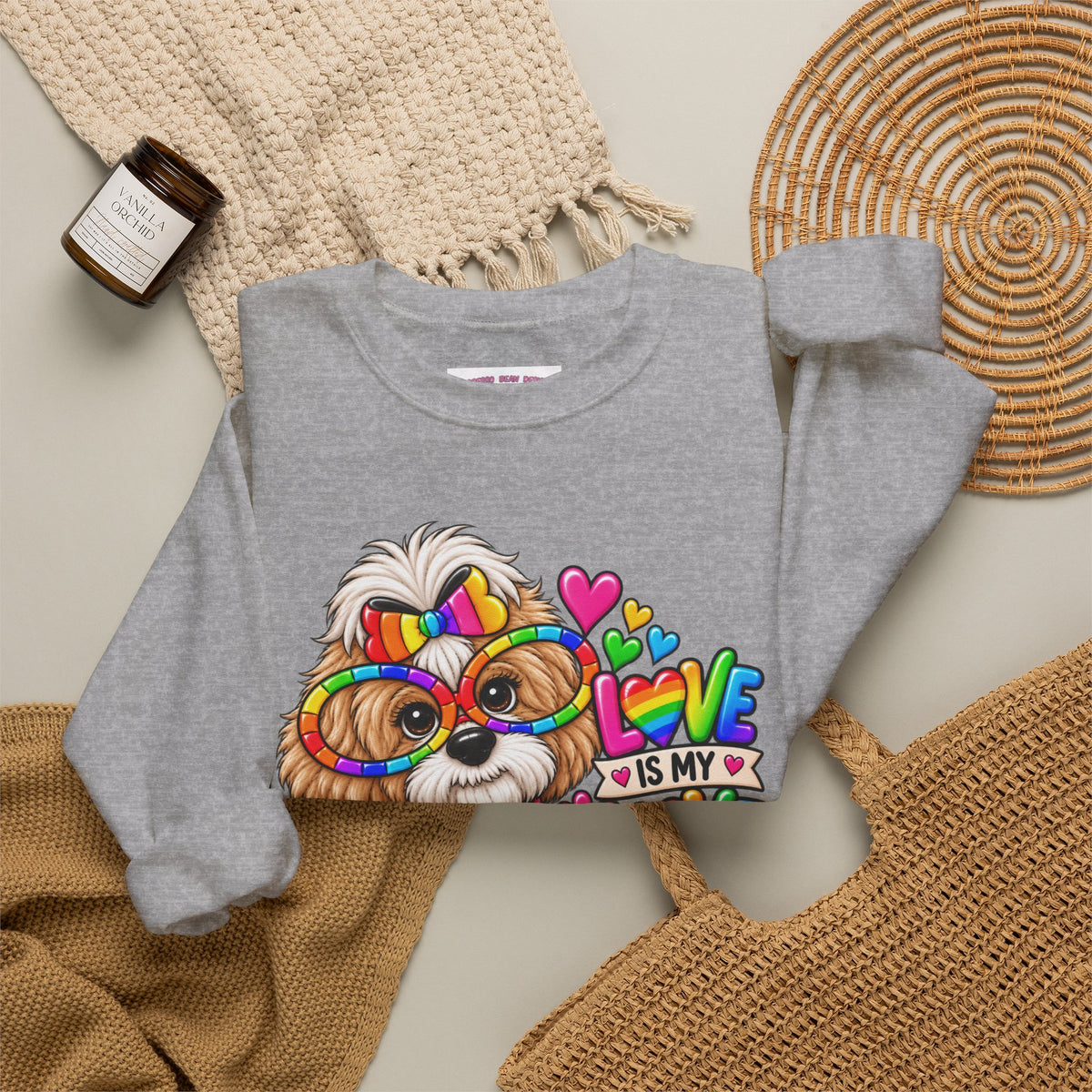 Rainbow Pup Crewneck Sweatshirt — "Love Is My Love Language" Cute Pride Dog Graphic