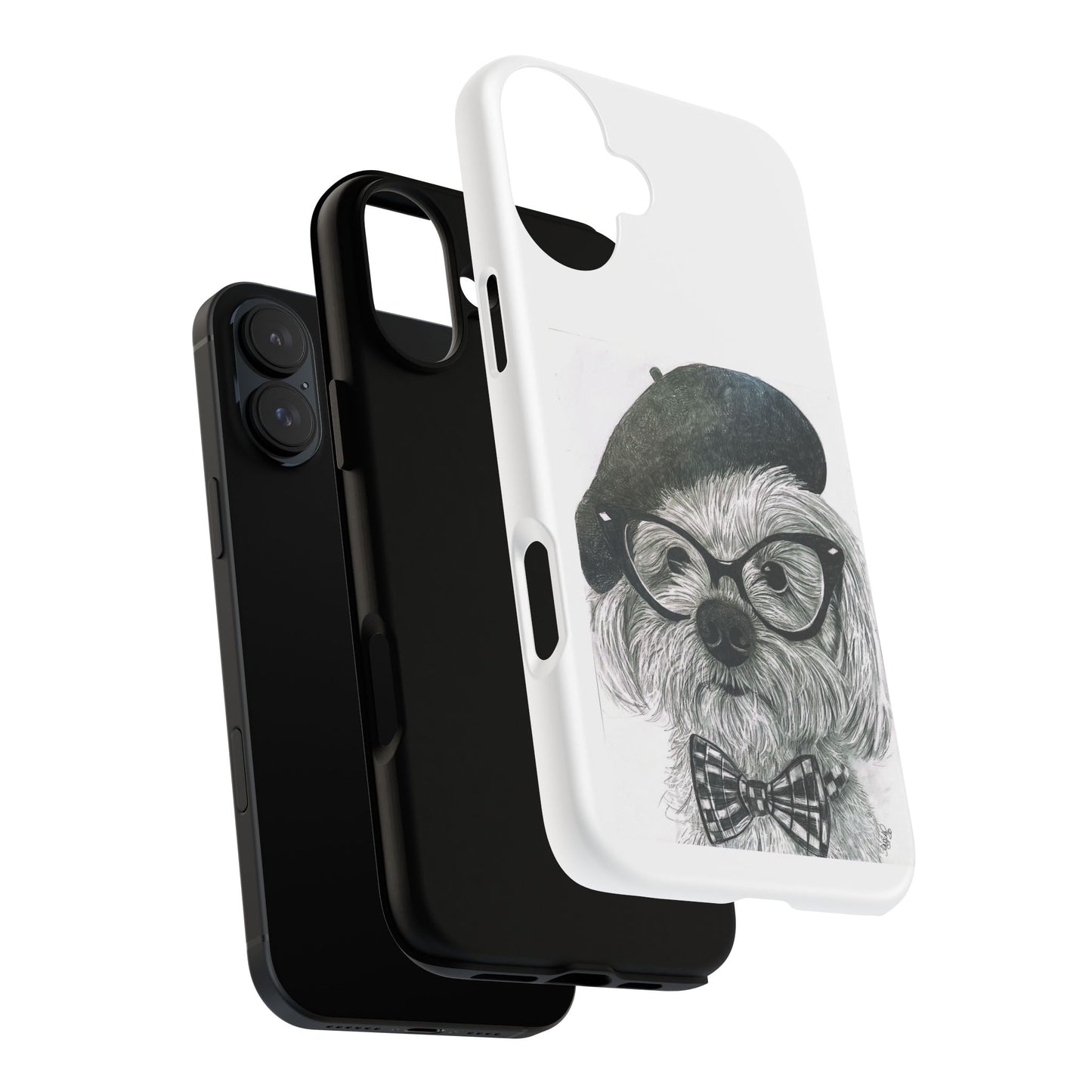 Dog Portrait Phone Case — Dexter with Beret, Glasses & Bow Tie