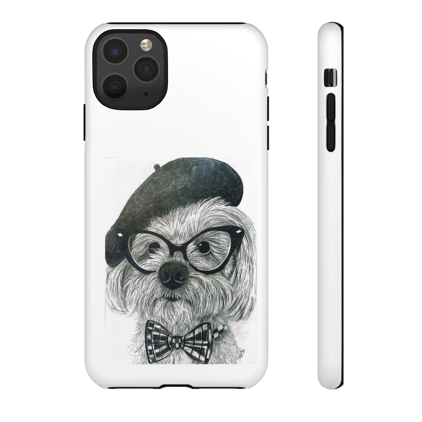 Dog Portrait Phone Case — Dexter with Beret, Glasses & Bow Tie