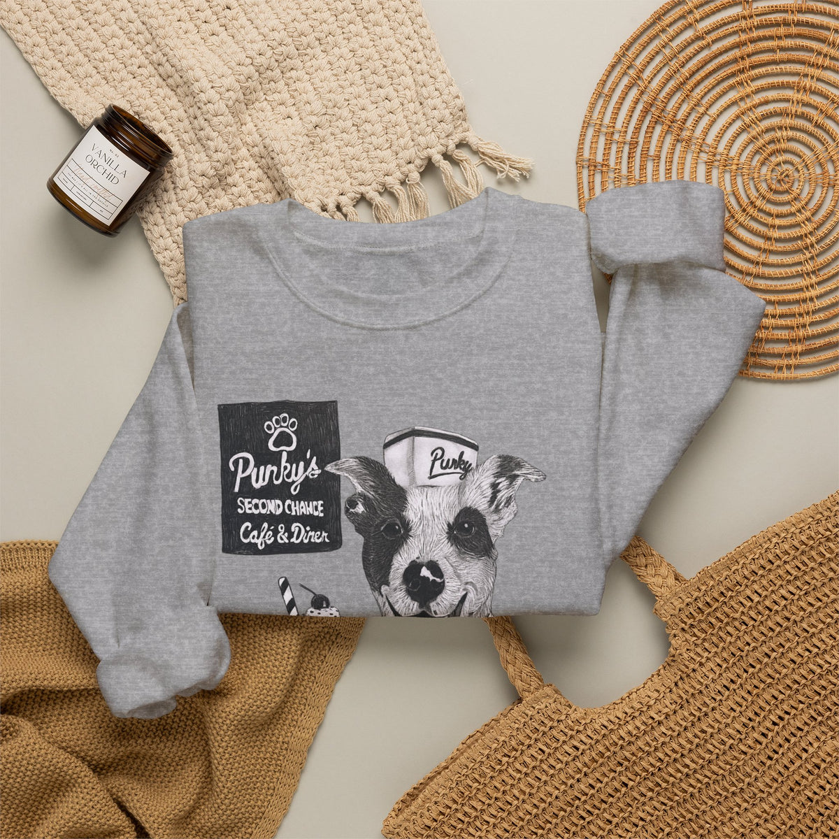 Dog Crewneck Sweatshirt — 'Meet Punky' Rescue Cafe Graphic