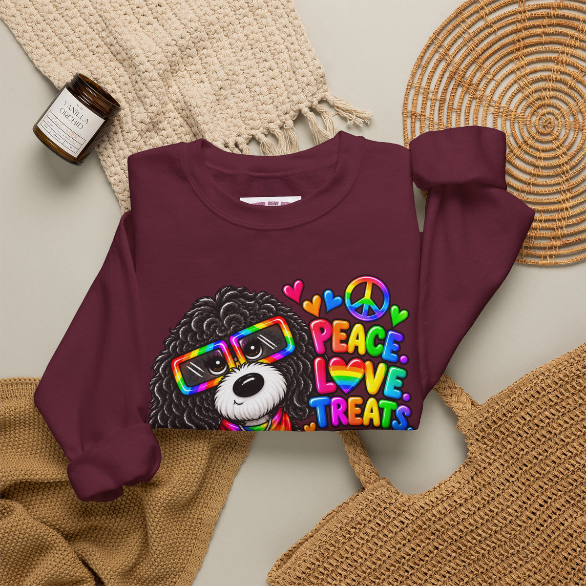 Peace, Love & Treats Dog Sweatshirt — Retro Hippie Puppy Crewneck
