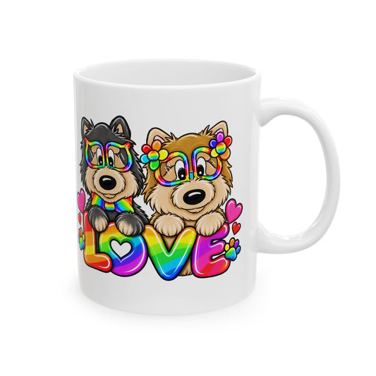 Rainbow 2 Poms Puppy Love Mug — Cute Gay Pride Dog Ceramic Coffee Cup (11oz/15oz)