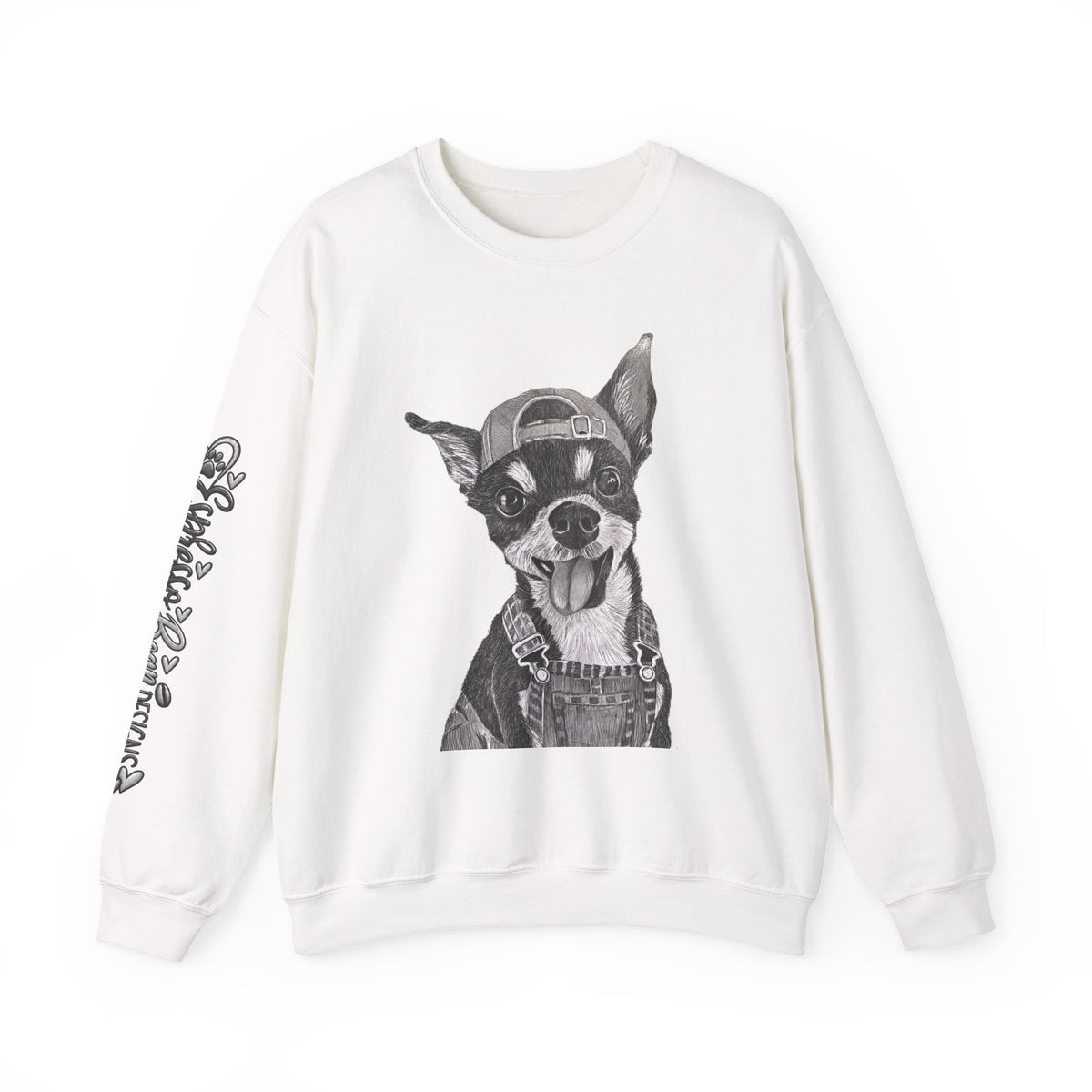 Fang Crewneck Sweatshirt — Retro Pup Graphic with Script Sleeve