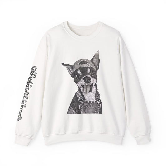 Fang Crewneck Sweatshirt — Retro Pup Graphic with Script Sleeve