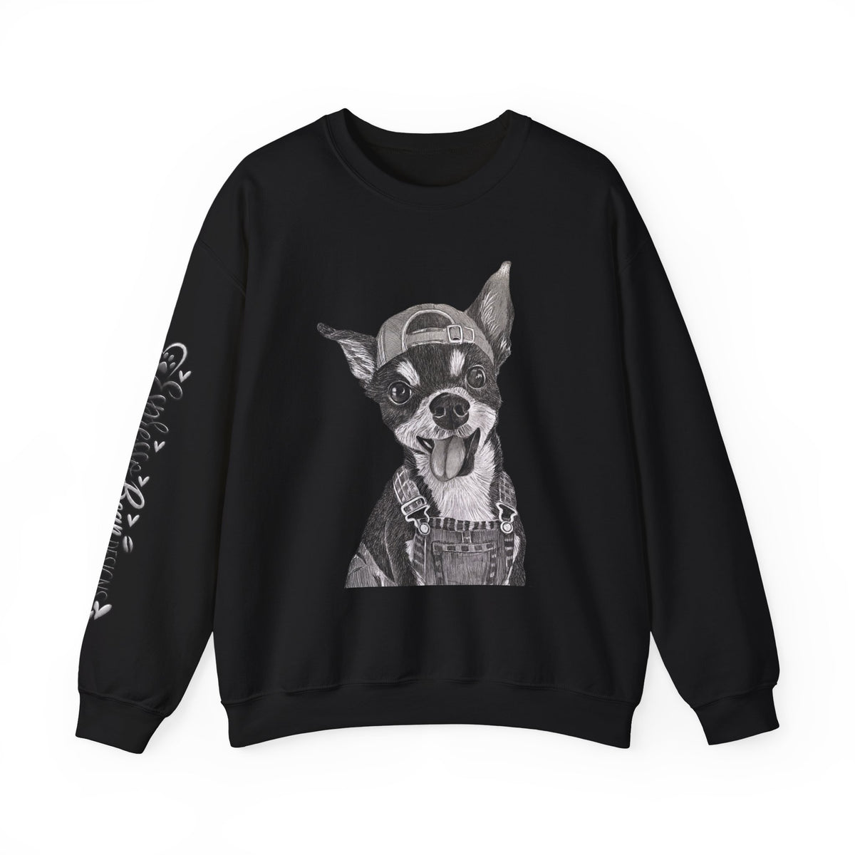 Fang Crewneck Sweatshirt — Retro Pup Graphic with Script Sleeve