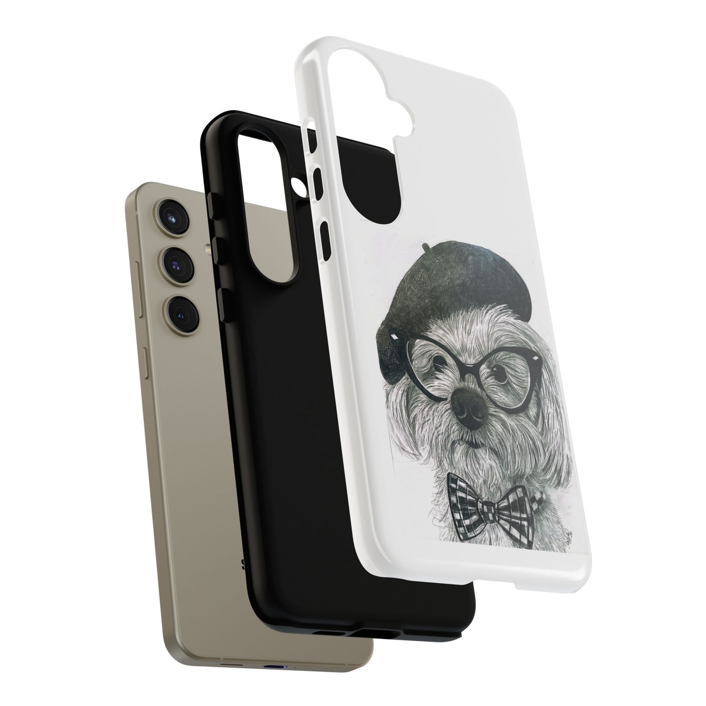 Dog Portrait Phone Case — Dexter with Beret, Glasses & Bow Tie