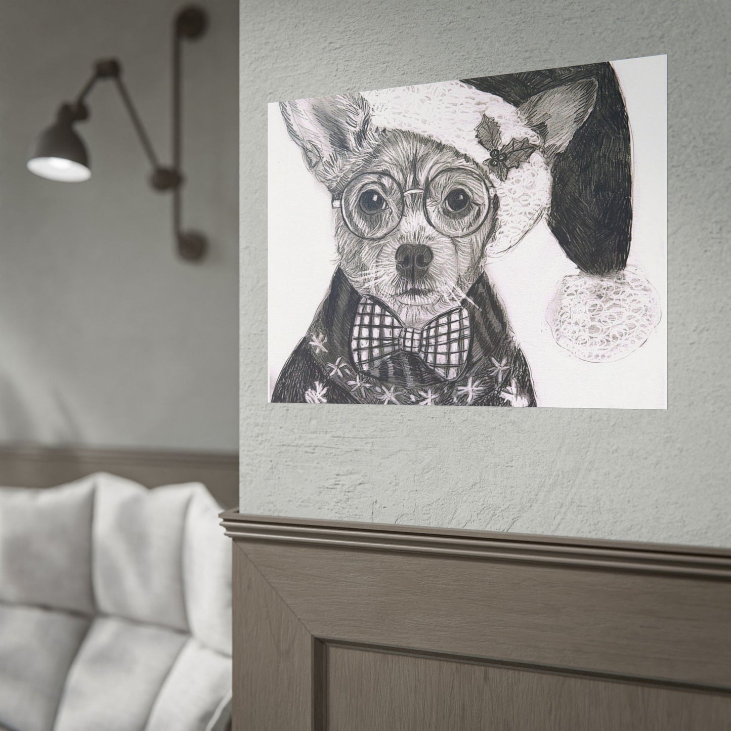 Brutus in Santa Hat Rolled Poster — Holiday Dog Art Print