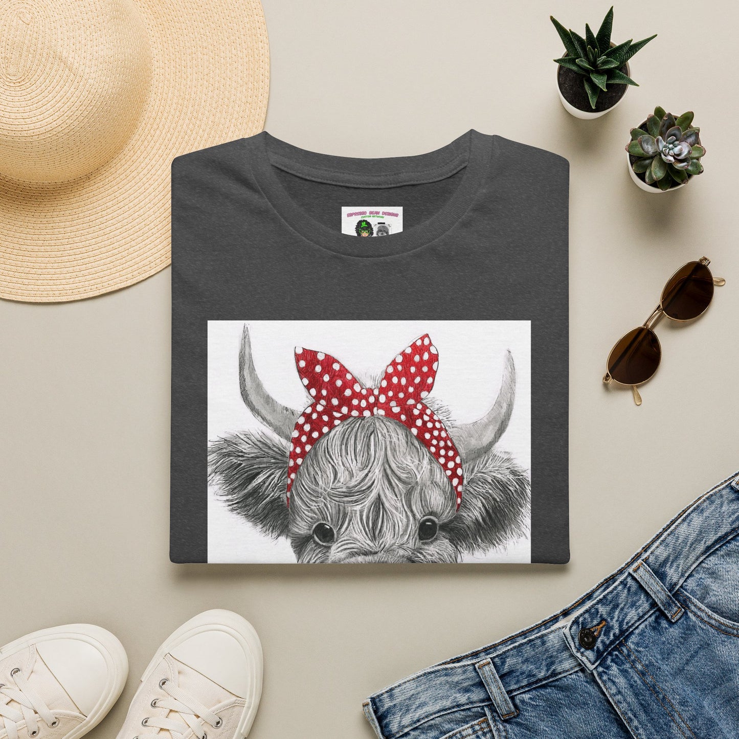 Highland Cow T-Shirt — Cute Cow Face with Red Polka Dot Bandana