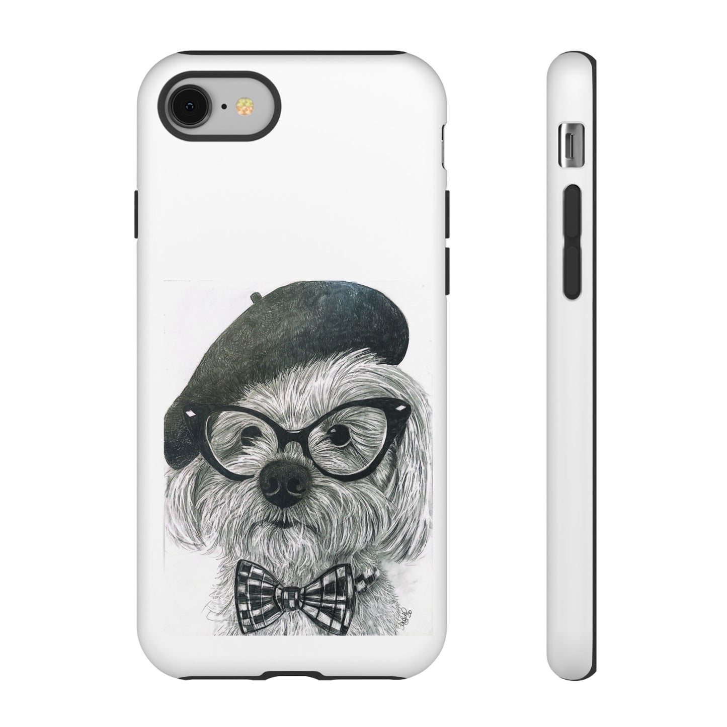 Dog Portrait Phone Case — Dexter with Beret, Glasses & Bow Tie