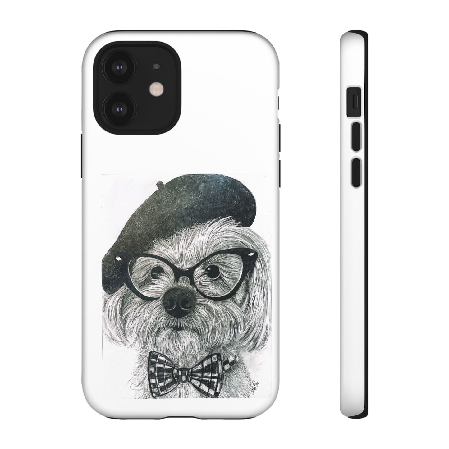 Dog Portrait Phone Case — Dexter with Beret, Glasses & Bow Tie