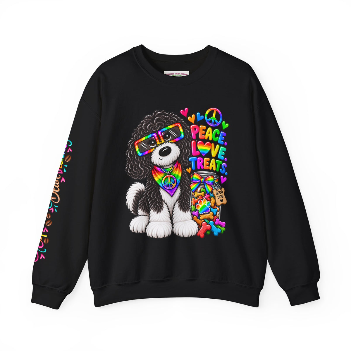Peace, Love & Treats Dog Sweatshirt — Retro Hippie Puppy Crewneck