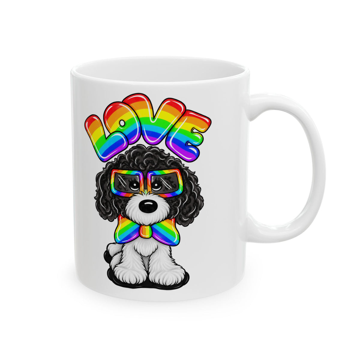 Elmer Ceramic Mug — Rainbow 'Love' Design with Black Dog Illustration (11oz, 15oz)