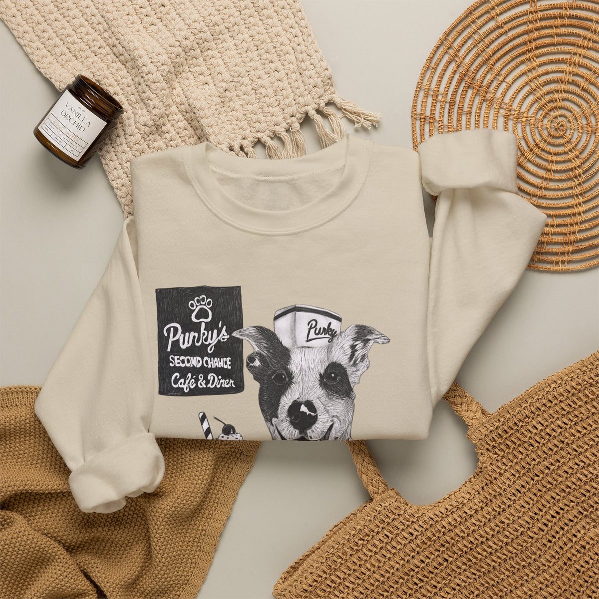 Dog Crewneck Sweatshirt — 'Meet Punky' Rescue Cafe Graphic