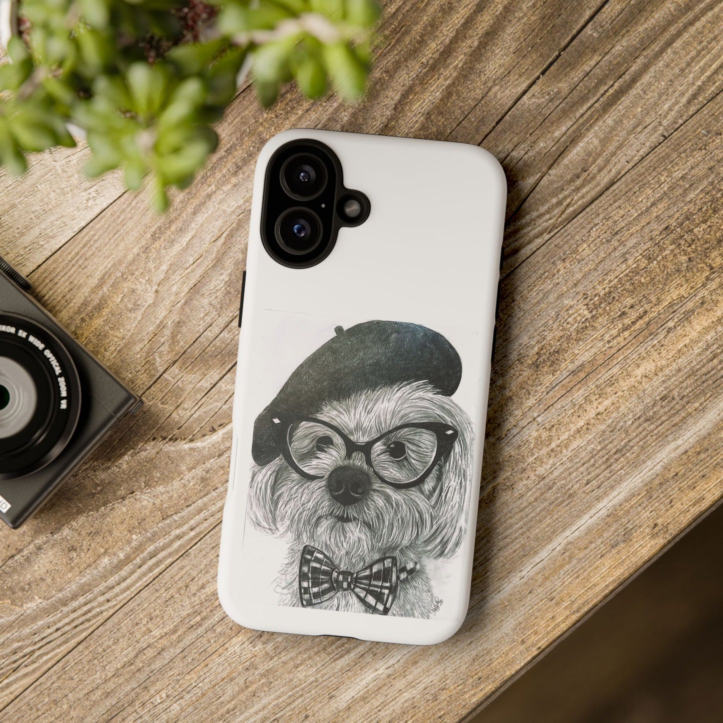 Dog Portrait Phone Case — Dexter with Beret, Glasses & Bow Tie