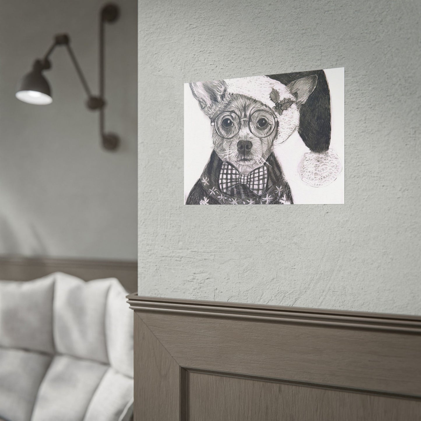Brutus in Santa Hat Rolled Poster — Holiday Dog Art Print