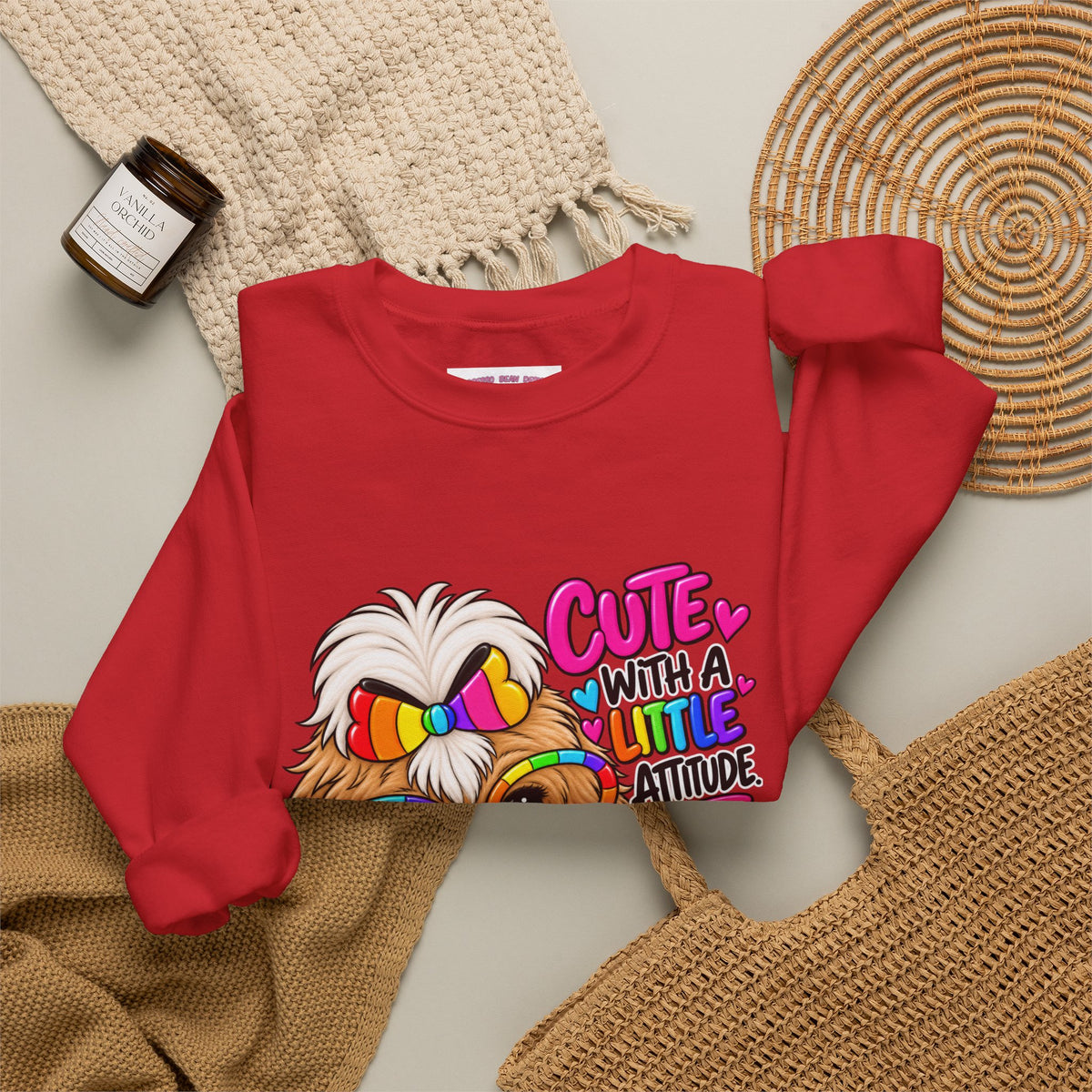 Cute Dog Crewneck Sweatshirt — "Cute With A Little Attitude" Colorful Puppy Design