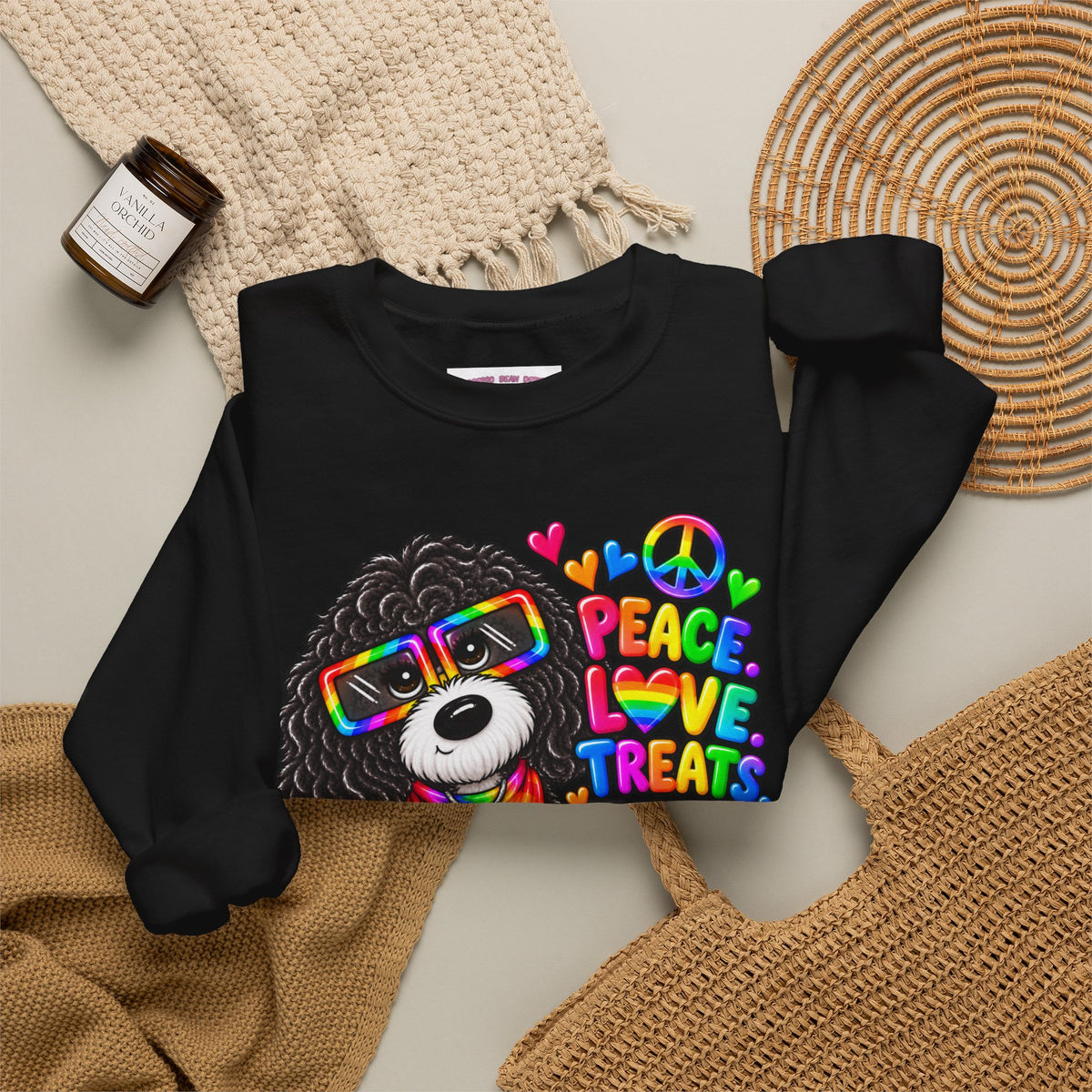 Peace, Love & Treats Dog Sweatshirt — Retro Hippie Puppy Crewneck