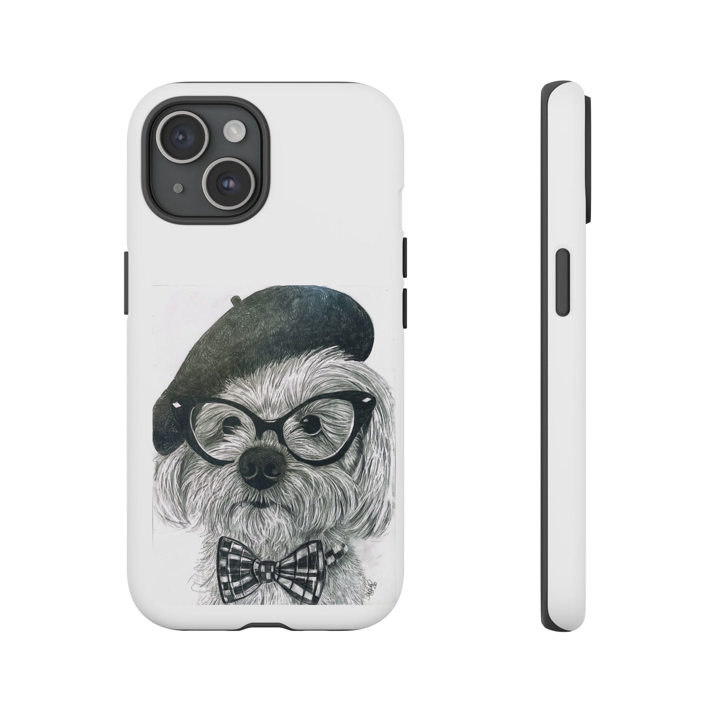 Dog Portrait Phone Case — Dexter with Beret, Glasses & Bow Tie