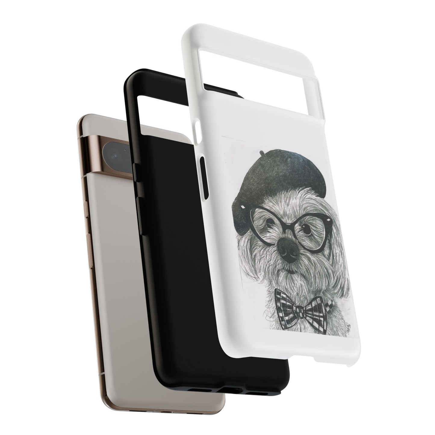 Dog Portrait Phone Case — Dexter with Beret, Glasses & Bow Tie