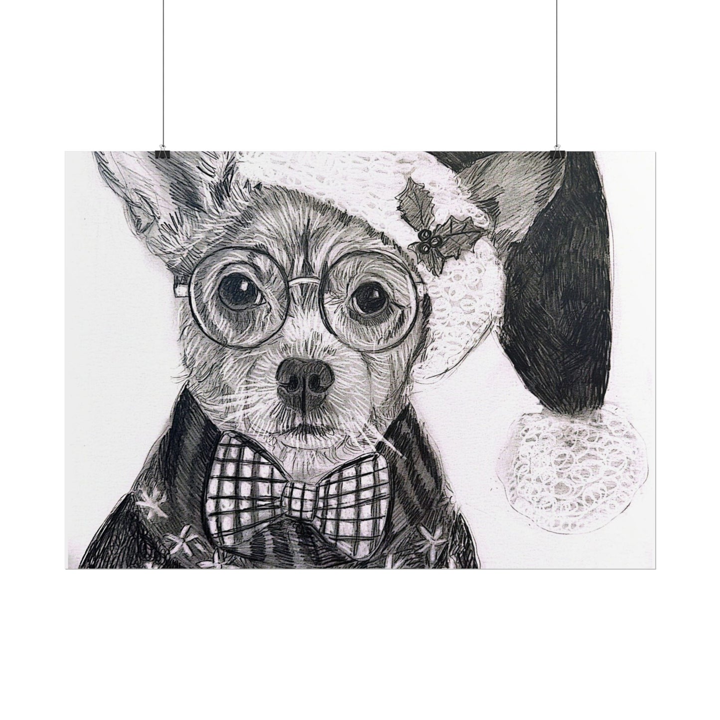 Brutus in Santa Hat Rolled Poster — Holiday Dog Art Print