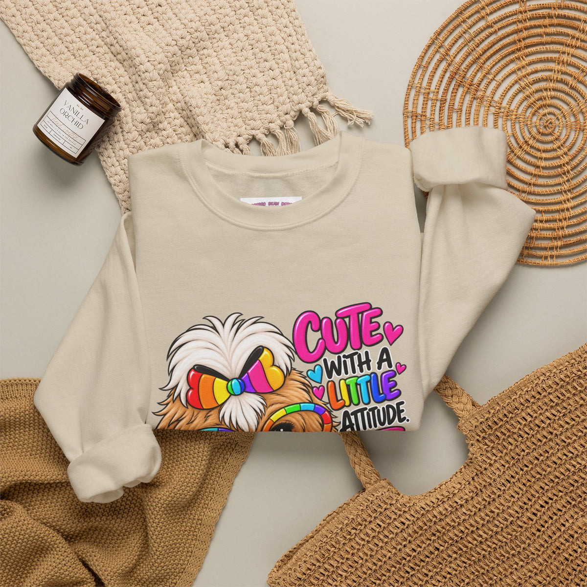 Cute Dog Crewneck Sweatshirt — "Cute With A Little Attitude" Colorful Puppy Design