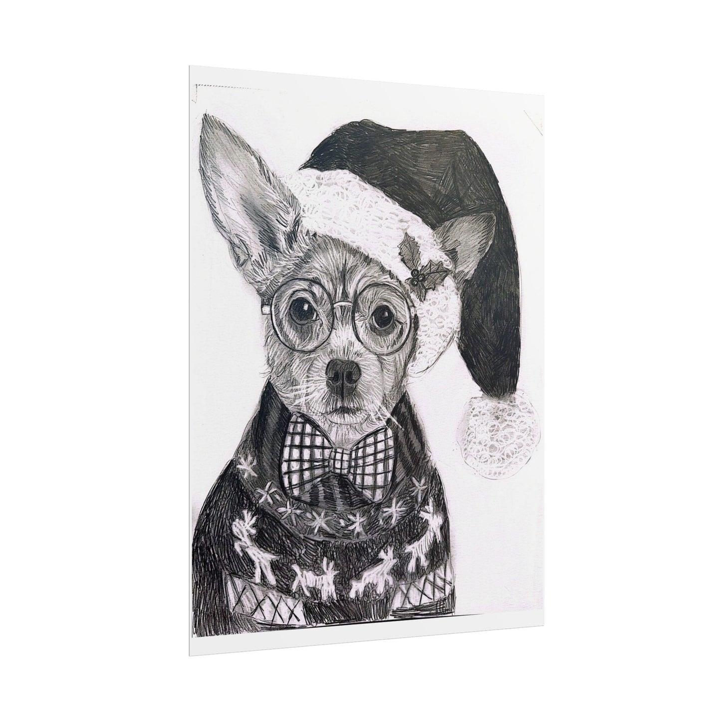 Brutus in Santa Hat Rolled Poster — Holiday Dog Art Print