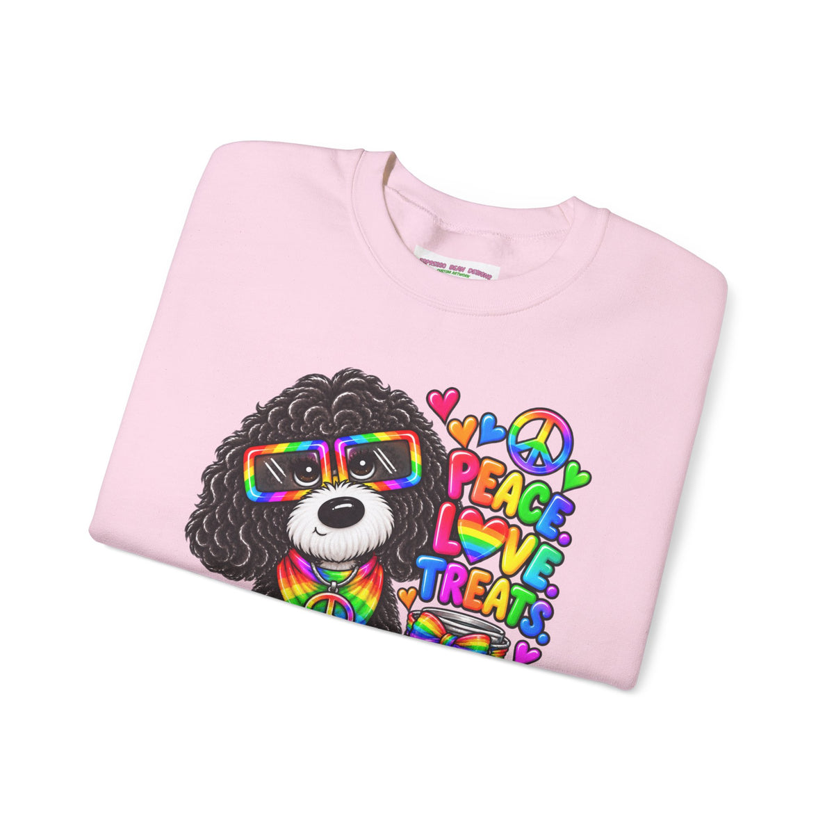 Peace, Love & Treats Dog Sweatshirt — Retro Hippie Puppy Crewneck