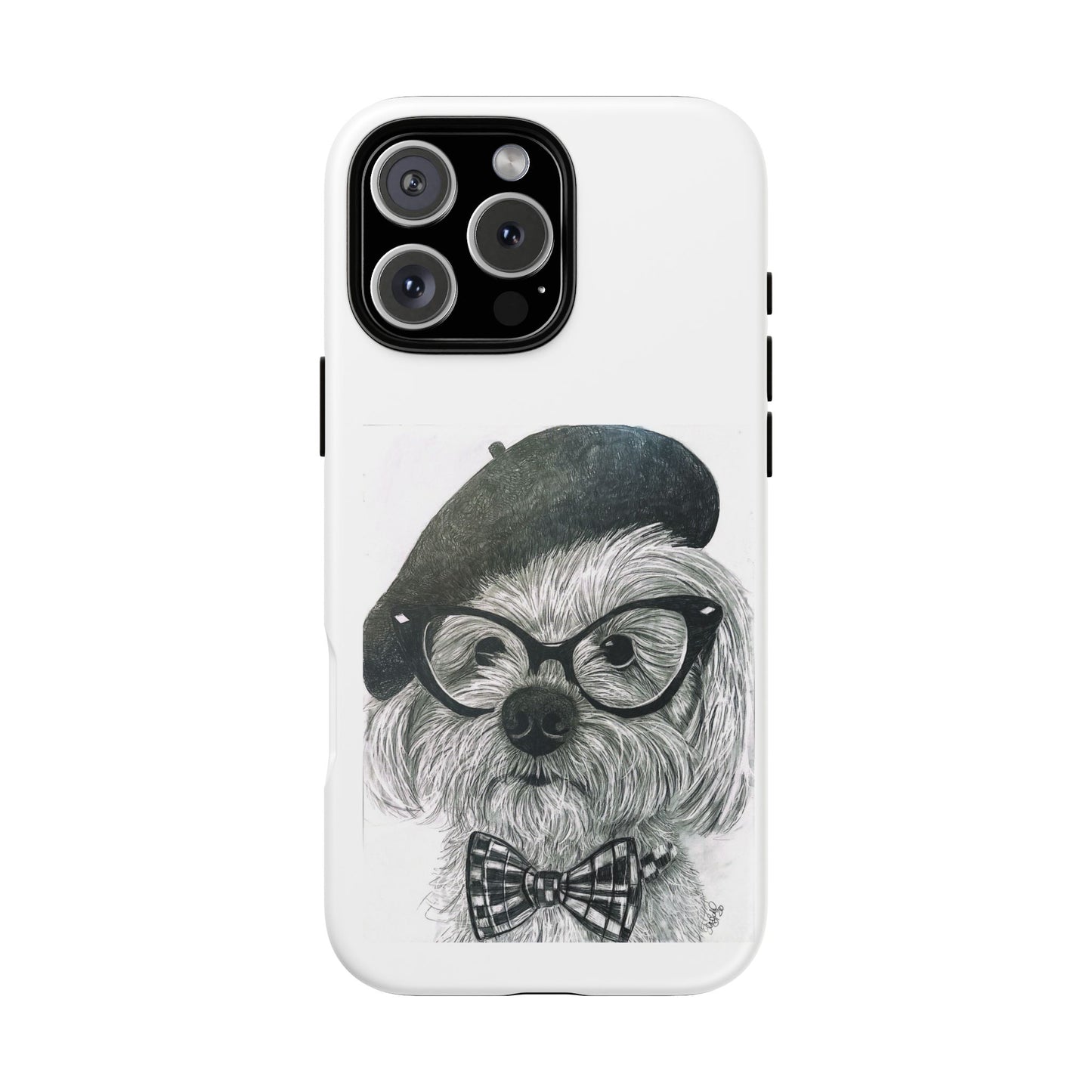 Dog Portrait Phone Case — Dexter with Beret, Glasses & Bow Tie