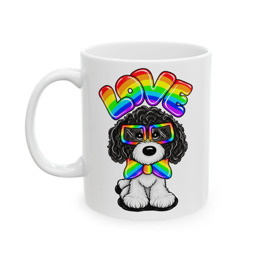 Elmer Ceramic Mug — Rainbow 'Love' Design with Black Dog Illustration (11oz, 15oz)