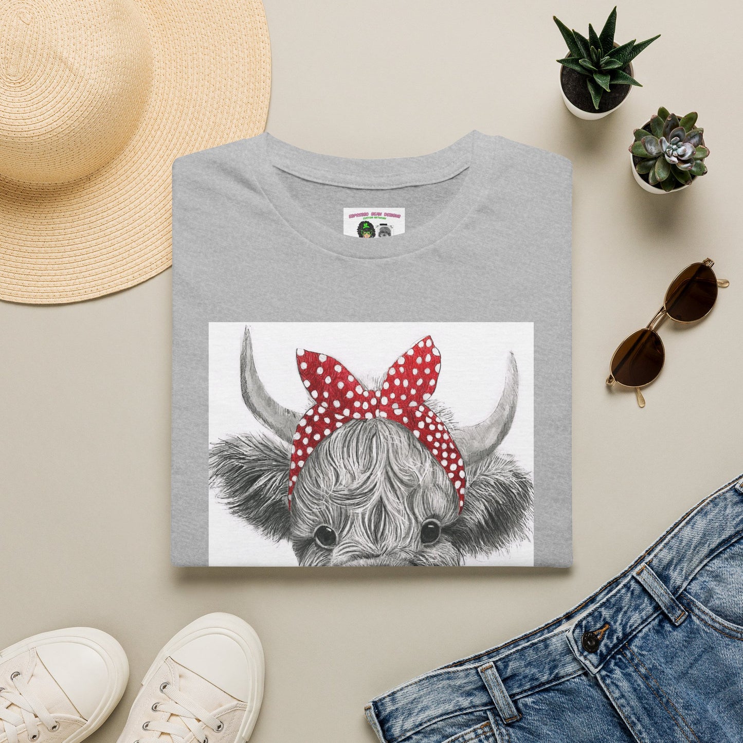 Highland Cow T-Shirt — Cute Cow Face with Red Polka Dot Bandana