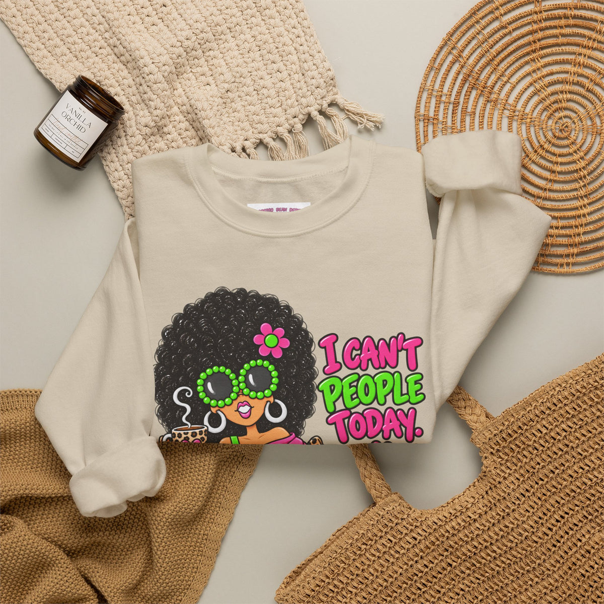 Crewneck Sweatshirt — Retro 'I Can't People Today' Girl & Leopard Graphic