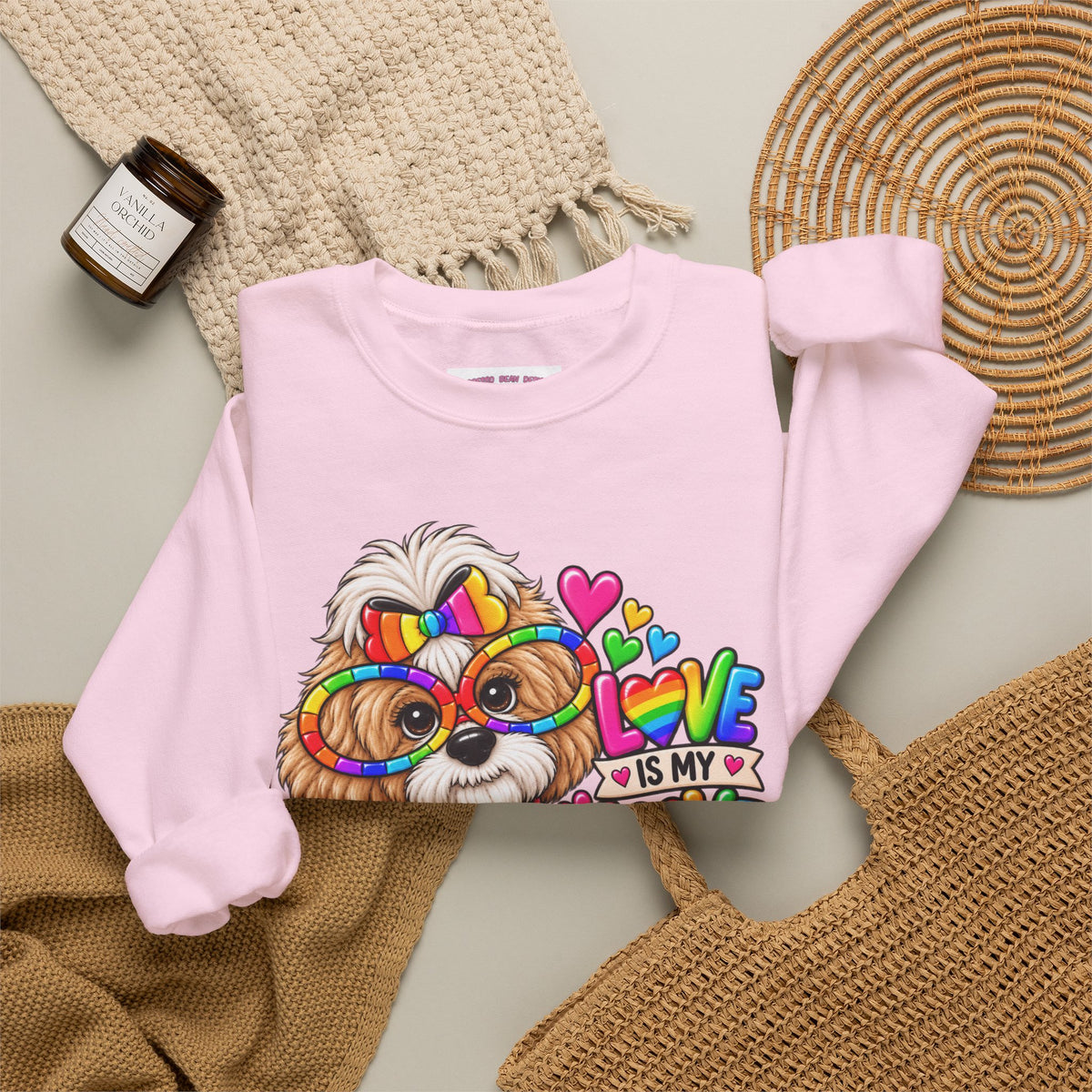 Rainbow Pup Crewneck Sweatshirt — "Love Is My Love Language" Cute Pride Dog Graphic
