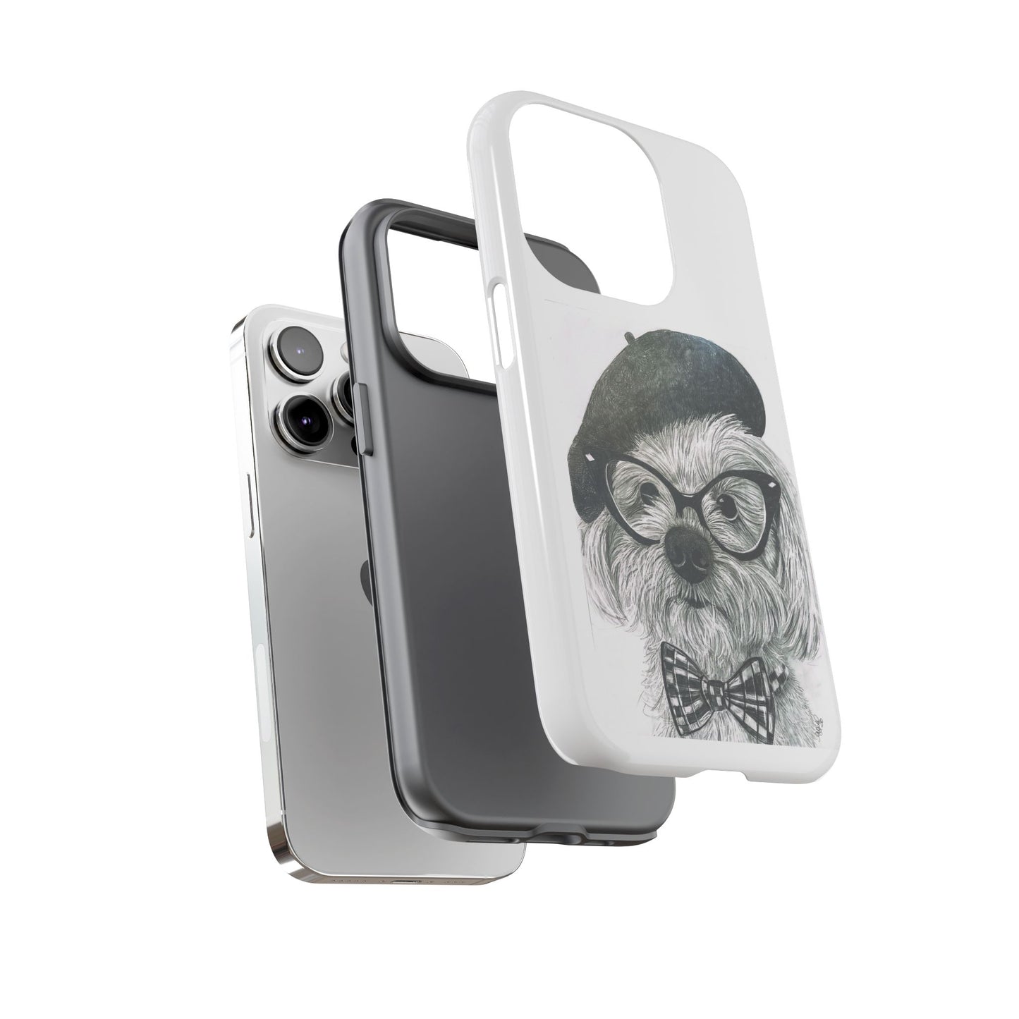 Dog Portrait Phone Case — Dexter with Beret, Glasses & Bow Tie