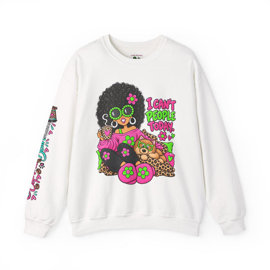 Crewneck Sweatshirt — Retro 'I Can't People Today' Girl & Leopard Graphic