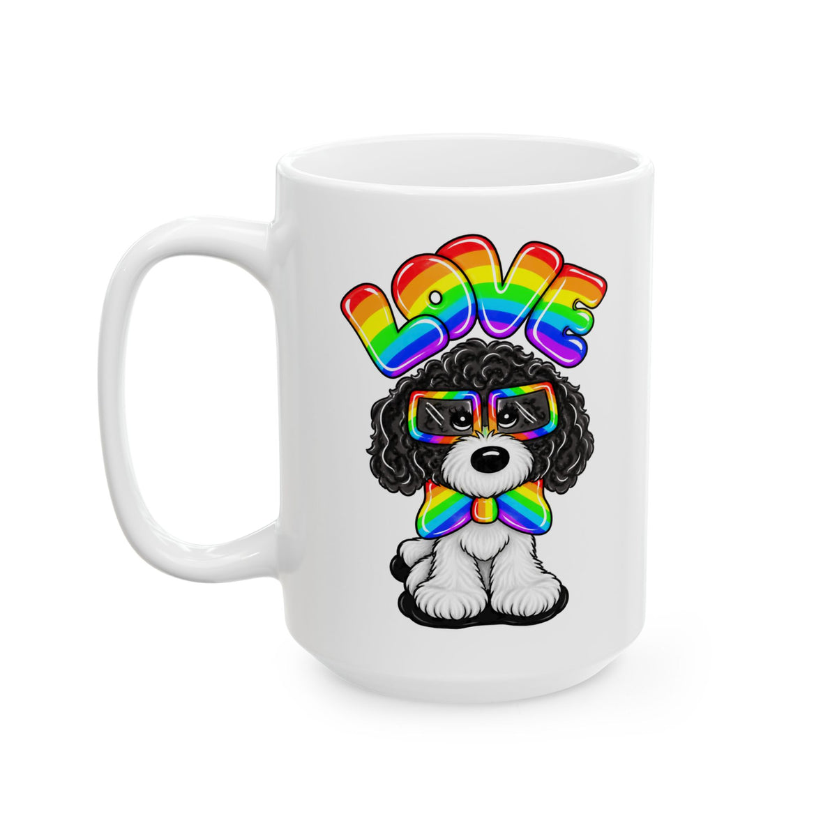 Elmer Ceramic Mug — Rainbow 'Love' Design with Black Dog Illustration (11oz, 15oz)