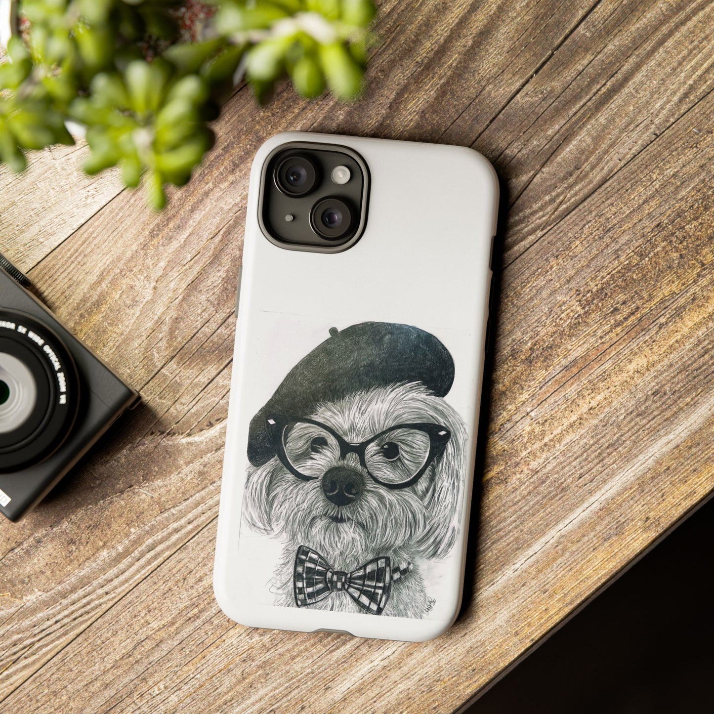 Dog Portrait Phone Case — Dexter with Beret, Glasses & Bow Tie