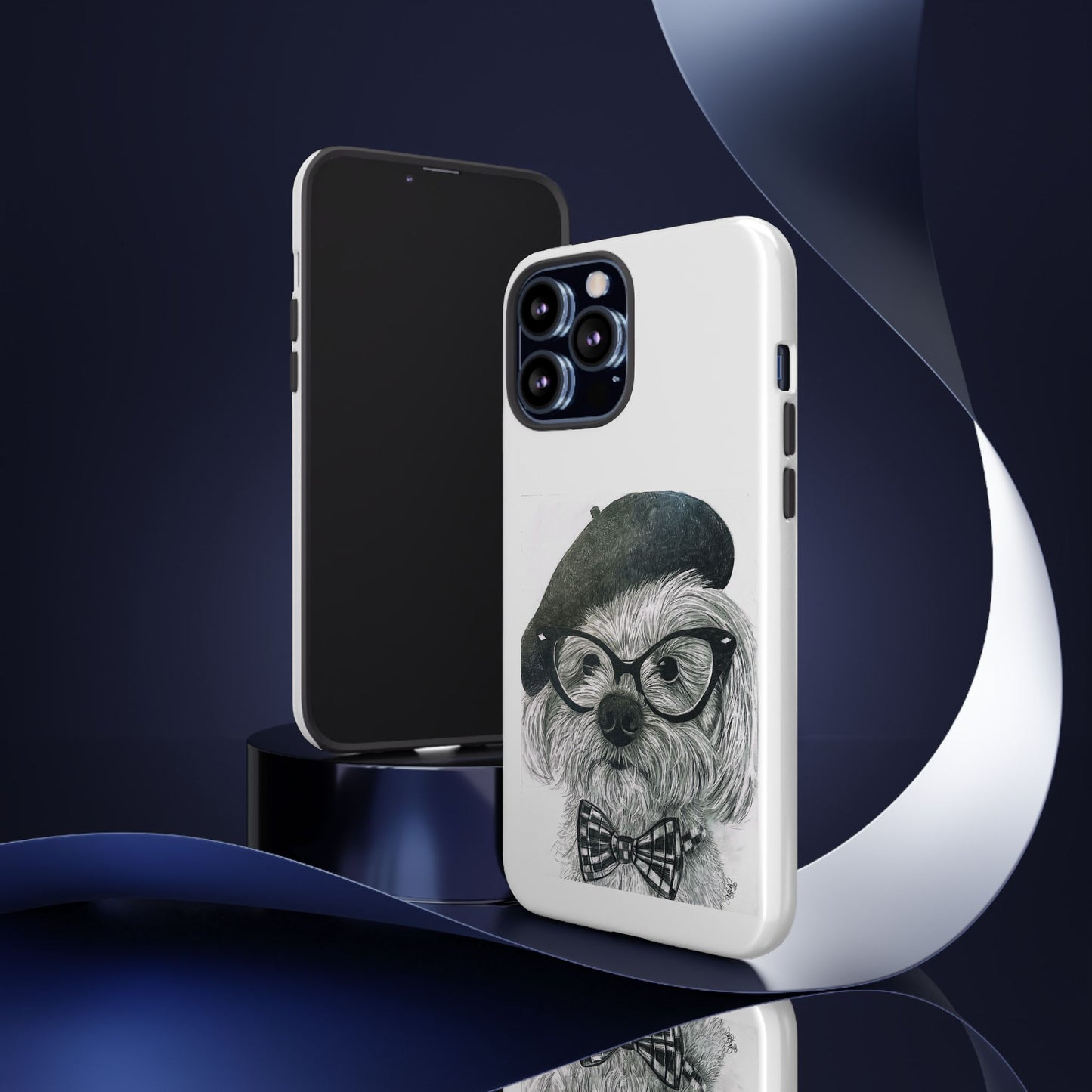 Dog Portrait Phone Case — Dexter with Beret, Glasses & Bow Tie