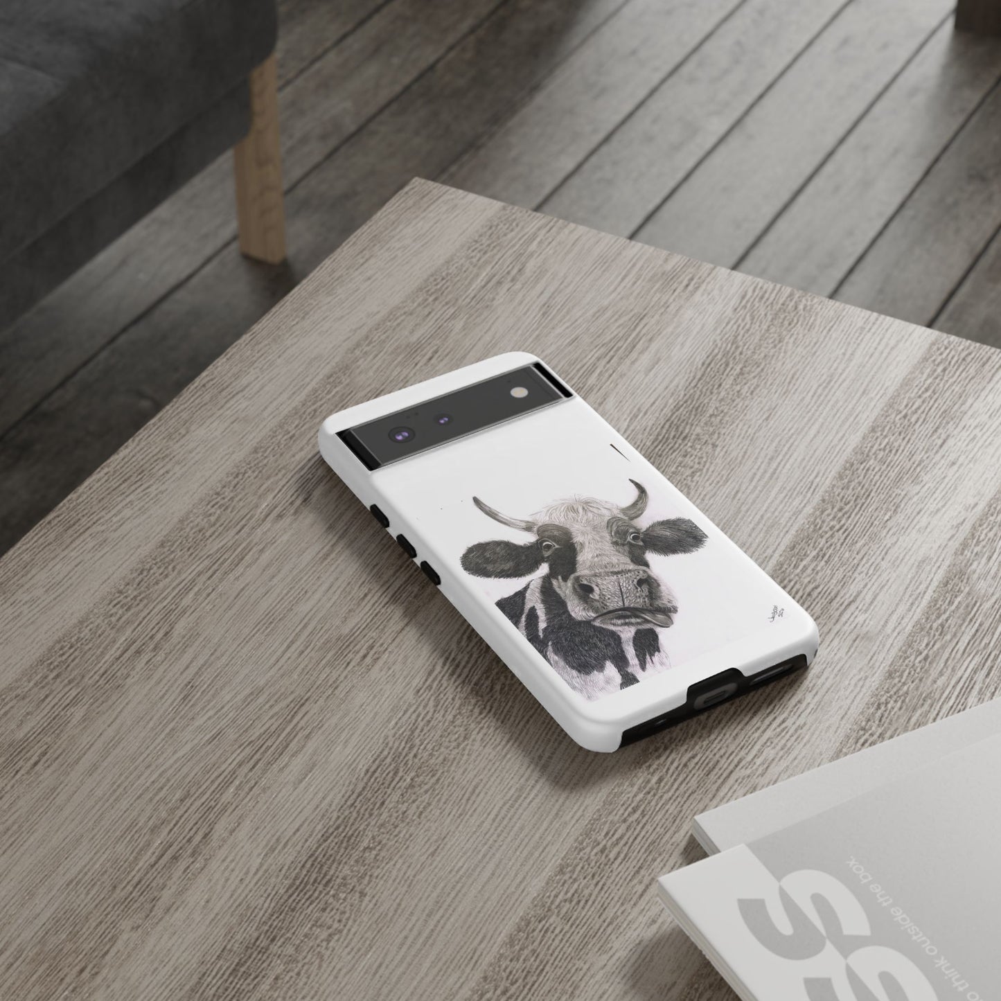 Cow Sketch Tough Phone Case — Protective iPhone Cover with Whimsical Cow Illustration