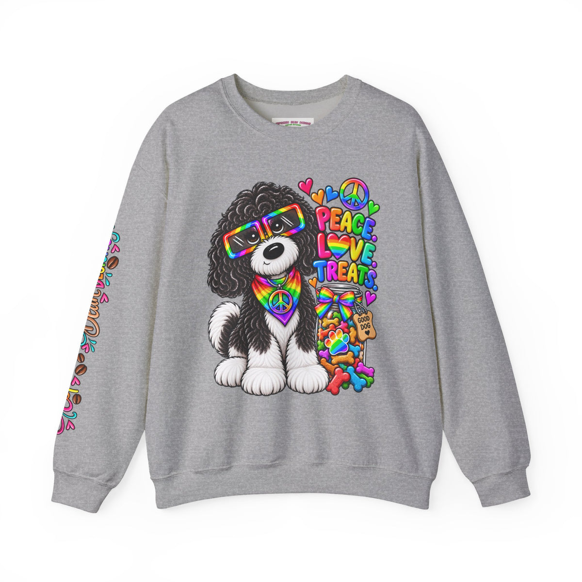 Peace, Love & Treats Dog Sweatshirt — Retro Hippie Puppy Crewneck
