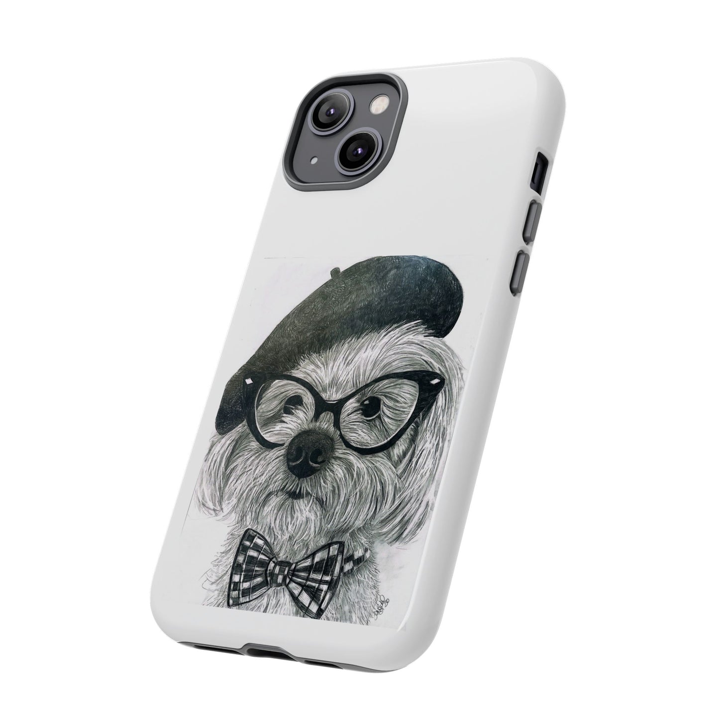 Dog Portrait Phone Case — Dexter with Beret, Glasses & Bow Tie