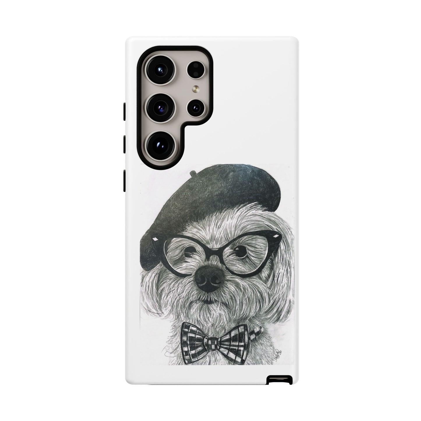 Dog Portrait Phone Case — Dexter with Beret, Glasses & Bow Tie
