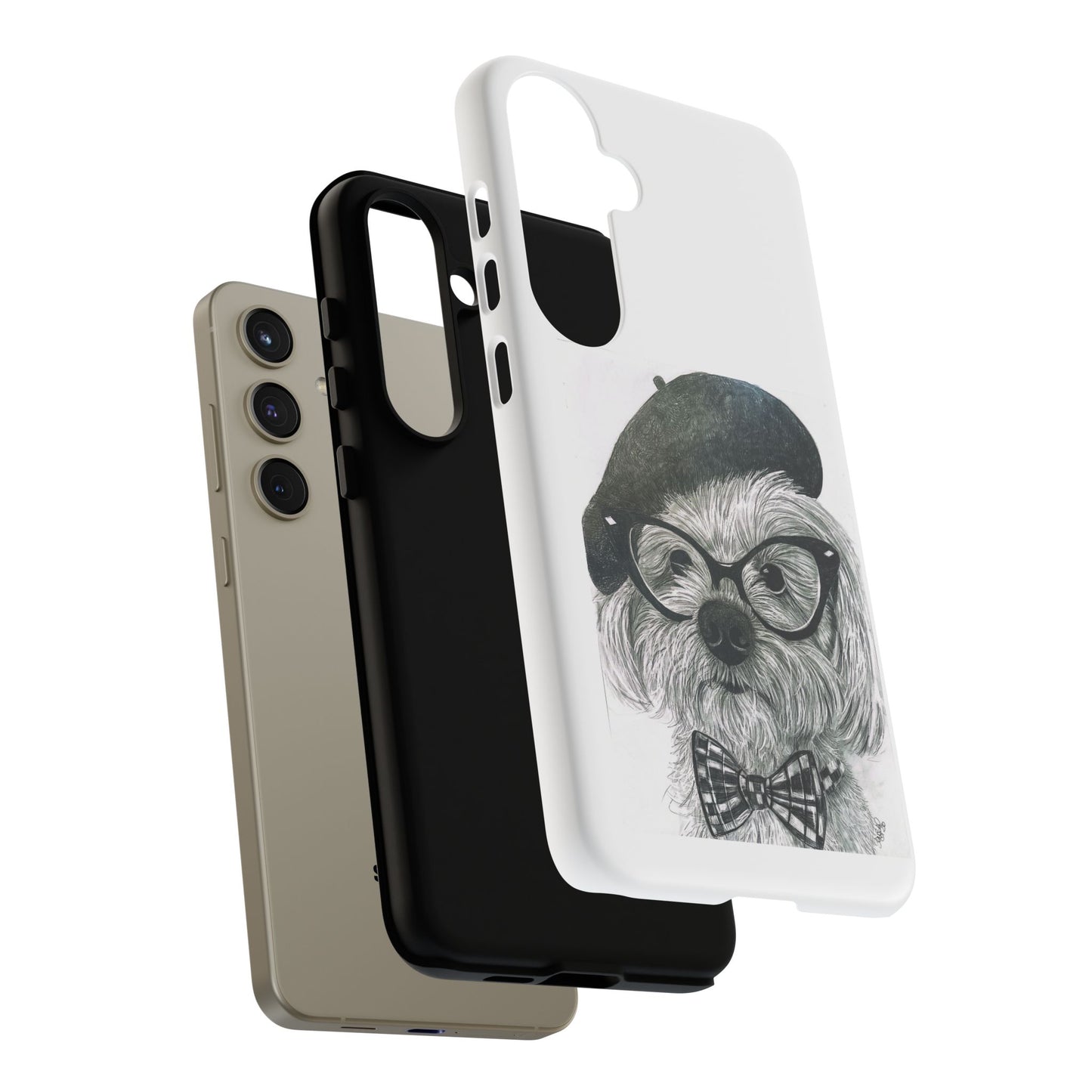 Dog Portrait Phone Case — Dexter with Beret, Glasses & Bow Tie