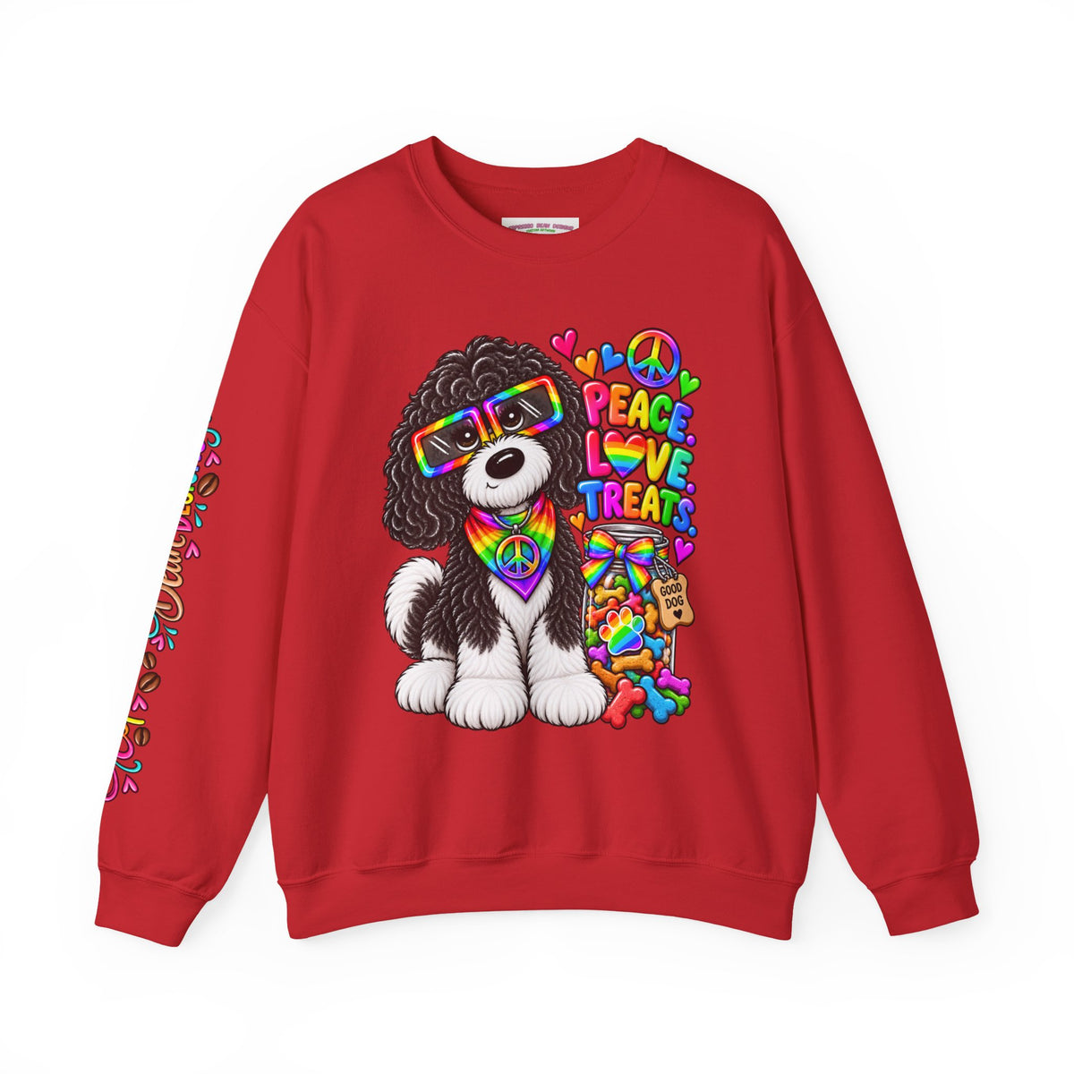 Peace, Love & Treats Dog Sweatshirt — Retro Hippie Puppy Crewneck
