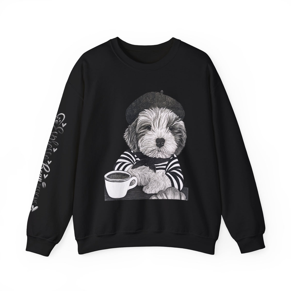 French Pup Pierre Coffee Sweatshirt — Cute Puppy in Beret Graphic Crewneck