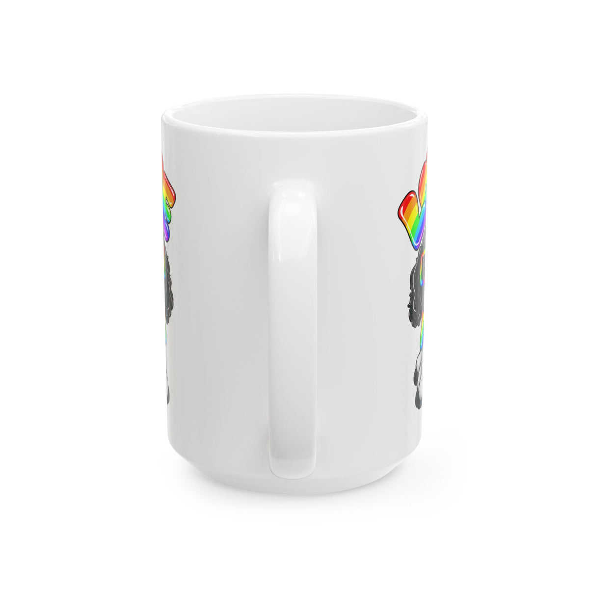 Elmer Ceramic Mug — Rainbow 'Love' Design with Black Dog Illustration (11oz, 15oz)
