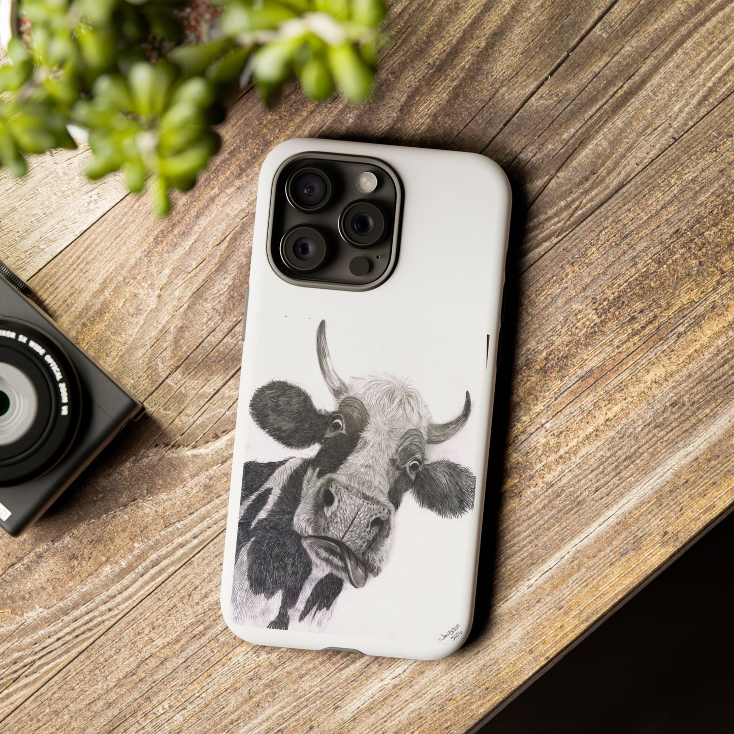 Cow Sketch Tough Phone Case — Protective iPhone Cover with Whimsical Cow Illustration