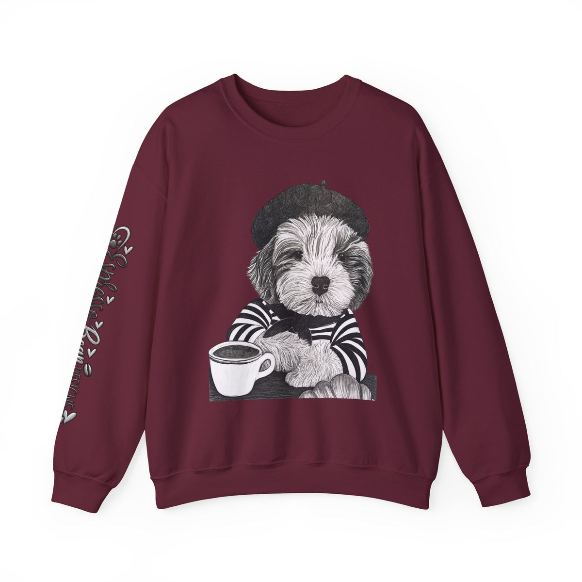 French Pup Pierre Coffee Sweatshirt — Cute Puppy in Beret Graphic Crewneck